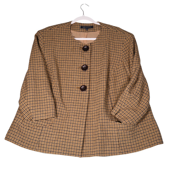 Anne Klein Blazer Jacket Women 22W Brown Houndstooth Lined Pockets 100% Wool - Picture 1 of 11